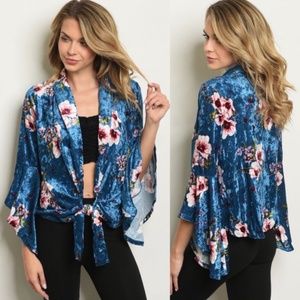 M Floral Print Velvet Tied Cardigan Top Shirt